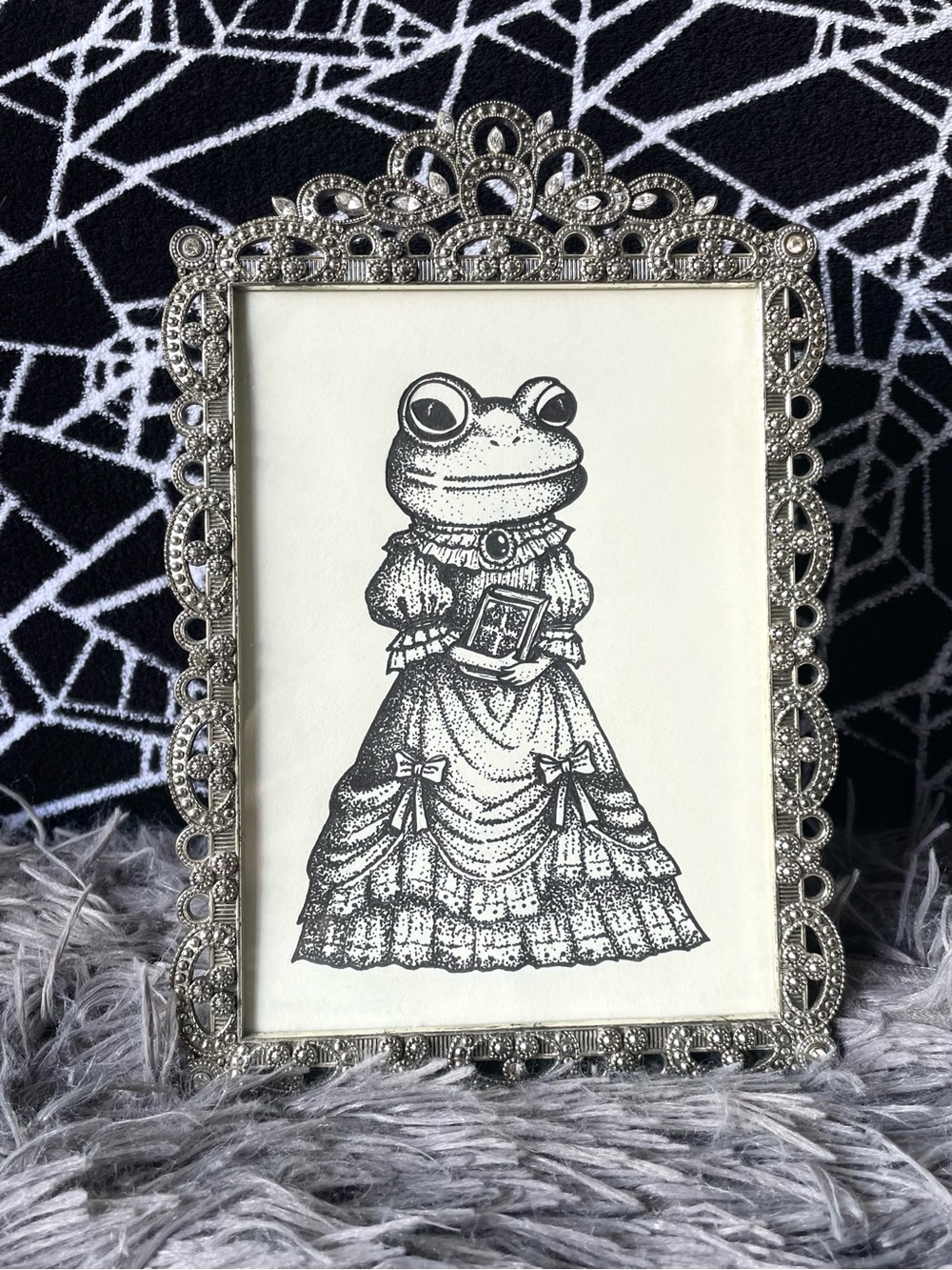 Victorian Frog Lady Original Hand Drawn Framed Art